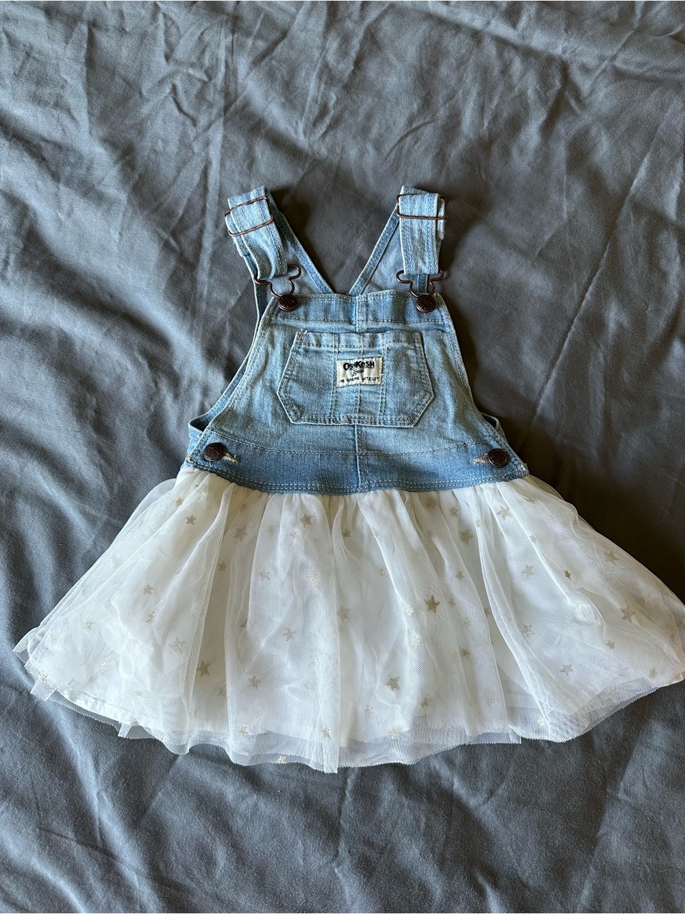 OshKosh B'gosh Light Blue Denim Overall Dress with White Star Tulle